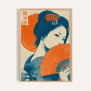 Framed Geisha Print featuring a woman with a blue hairstyle and orange fan with floral details