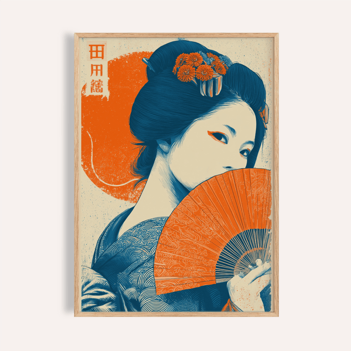 Framed Geisha Print featuring a woman with a blue hairstyle and orange fan with floral details