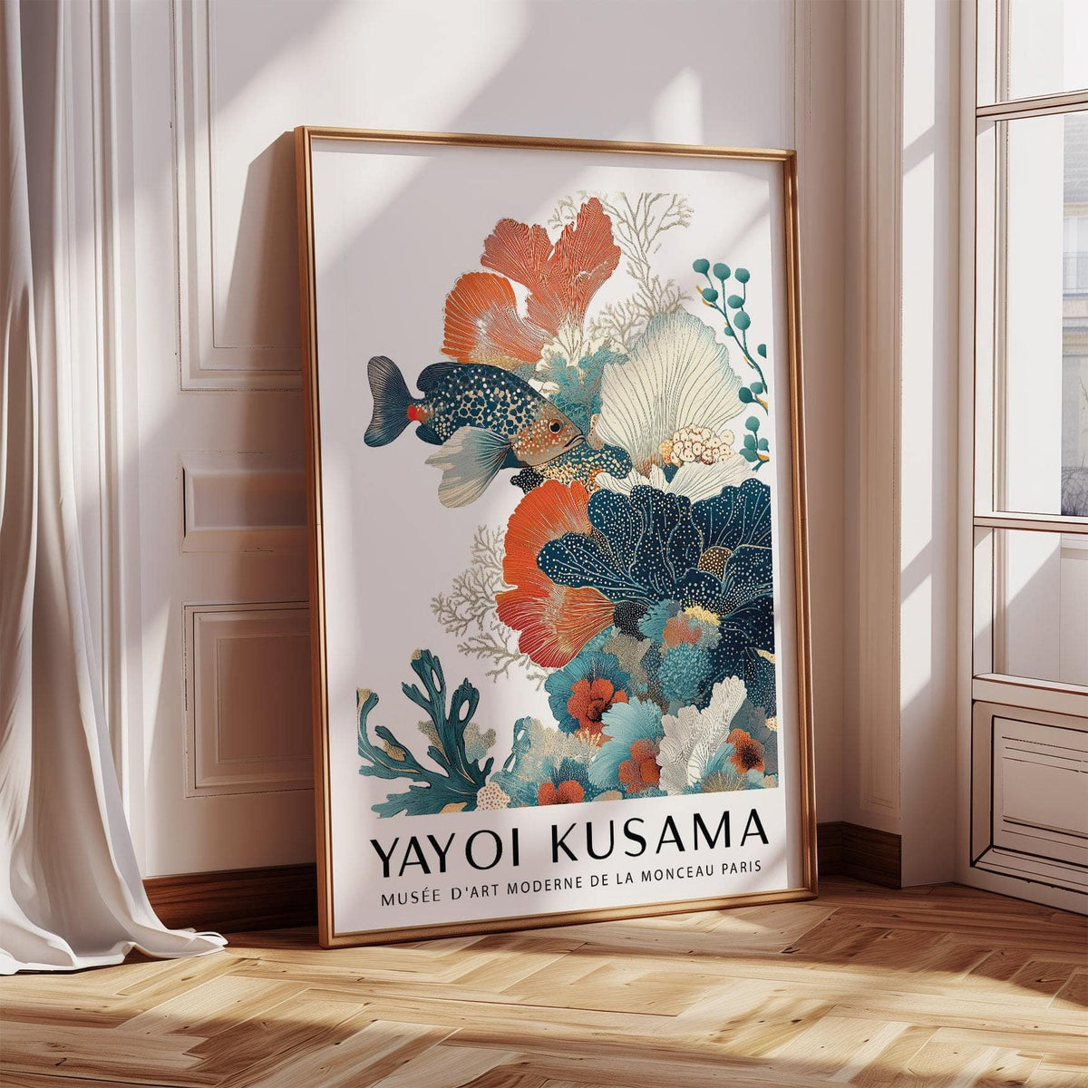 Tropical Fish Poster print leaning on floor with wooden frame by sunny window and white curtain