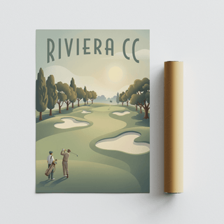 Golf Landscape Poster rolled print and poster showing golfers on a course in muted greens and greys with a brown packaging tube