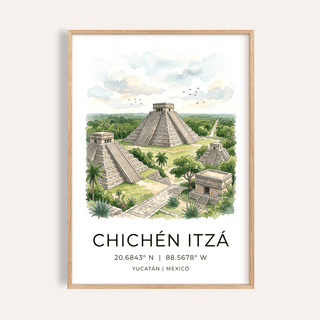 Framed print close-up of Chichen Itza art print with watercolour pyramids and greenery
