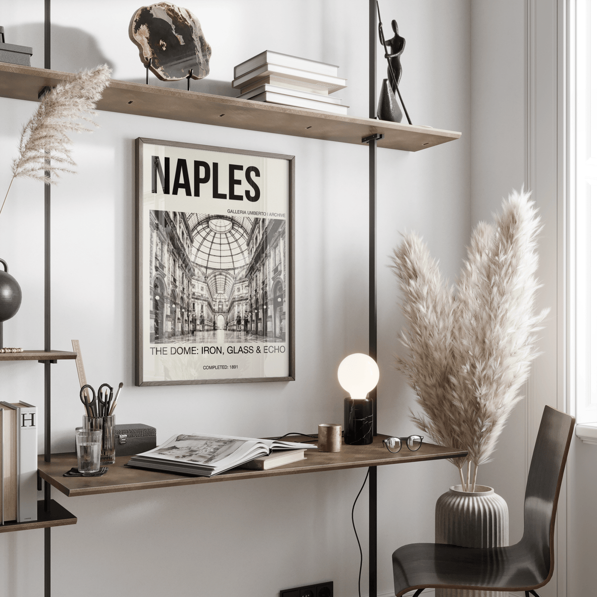 Galleria Umberto Art Print black and white photographic and typographic style framed above a wooden desk with books and a lamp
