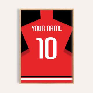 Framed print of a plain red football shirt with white number ten and your name text