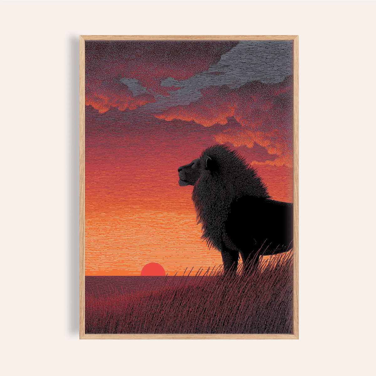 Framed print close-up of a black lion silhouette against a sunset with orange and grey hues