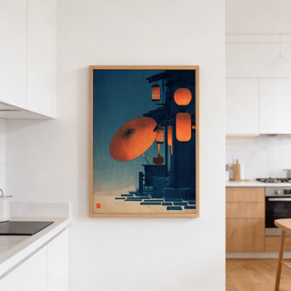 Japanese Night Scene wall art with red paper lanterns and umbrella in a kitchen