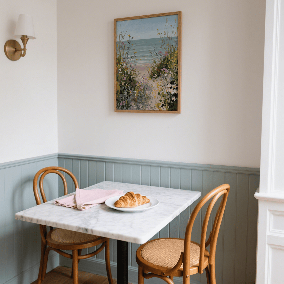 Print on a wall in a dining nook showing a beach path with wildflowers in muted blues and greens above a marble table