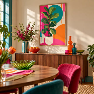 Fiddle Leaf Fig Print, framed on the wall of a colourful dining room