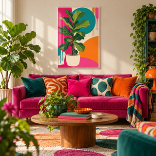 Fiddle Leaf Fig Print, framed on the wall of a colourful plant-filled living room