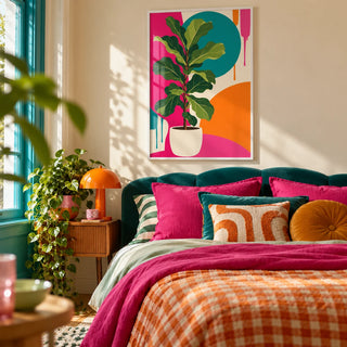 Fiddle Leaf Fig Print, framed on the wall of a dopamine bedroom