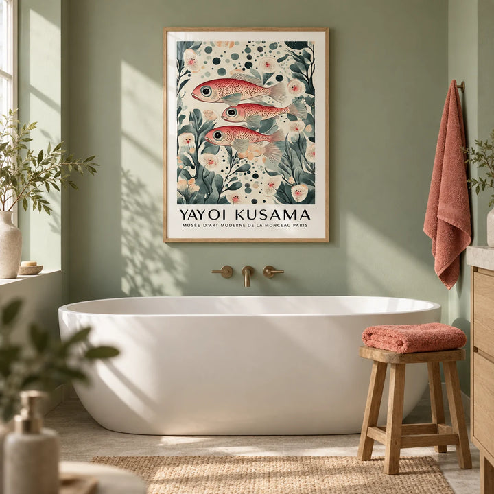 Fish Artwork Print, framed on the wall of a calm bathroom with a sage green painted wall