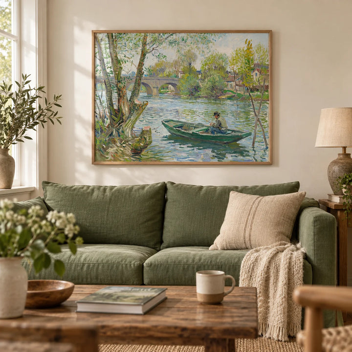 Fishing Boat Art Print, framed on the wall of a cosy riverside cottage living room with a soft cream wall