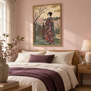 Floral Kimono Wall Art, framed on the wall of a calm adult bedroom in a UK home with pale blossom-pink walls