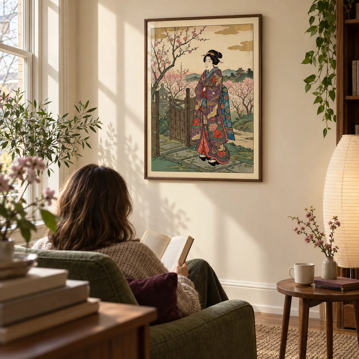 Floral Kimono Wall Art, framed on the wall of a quiet reading corner in a UK home with a warm cream wall and a tall window in a living room