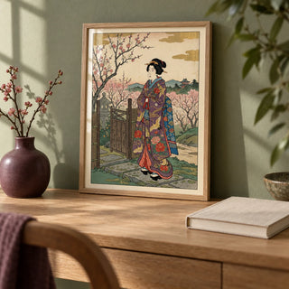 Floral Kimono Wall Art, a small A4 framed print leaning on a pale oak writing desk