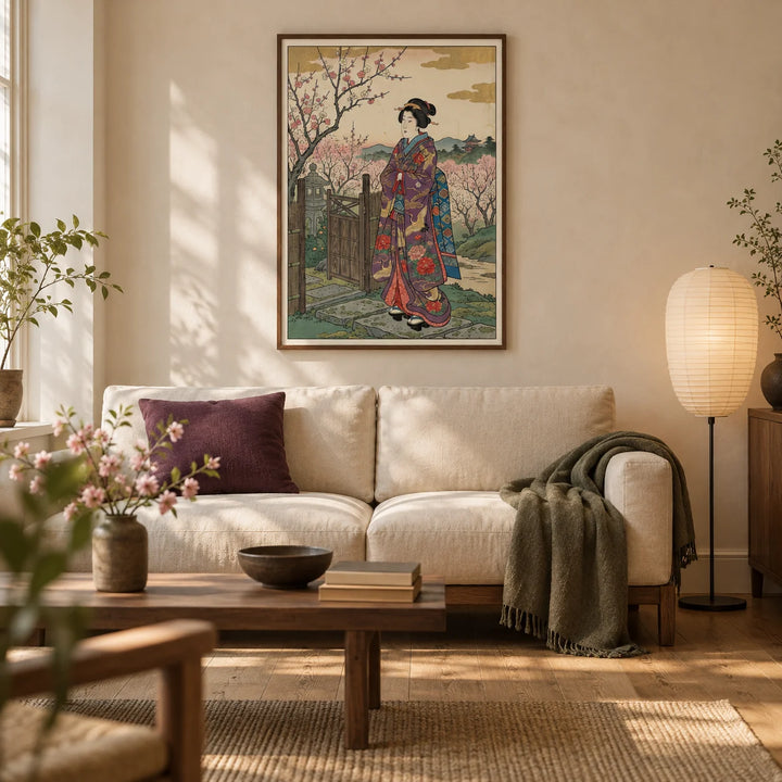 Floral Kimono Wall Art, framed on the wall of a warm Japanese-influenced living room in a UK terrace with cream plaster walls and oak floorboards