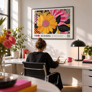 Floral Landscape Paintings, framed on the wall of a design-led home office with a white wall