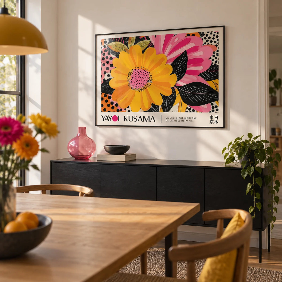 Floral Landscape Paintings, framed on the wall of a modern dining room with a soft white wall