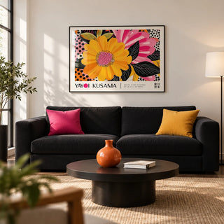 Floral Landscape Paintings, framed on the wall of a modern living room with a warm white wall and a dark wood floor