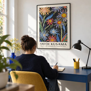 Floral Pop Art, framed on the wall of a compact design-led home study with a white wall and a blue painted desk
