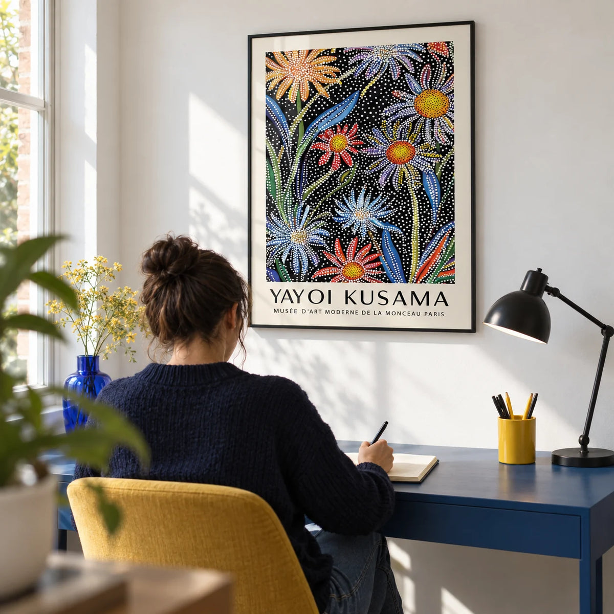 Floral Pop Art, framed on the wall of a compact design-led home study with a white wall and a blue painted desk