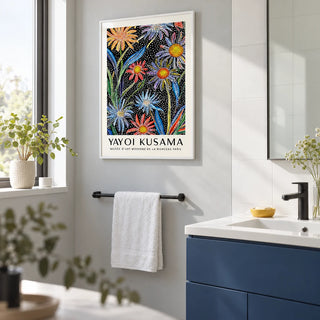 Floral Pop Art, framed on the wall of a contemporary bathroom with a pale grey painted wall