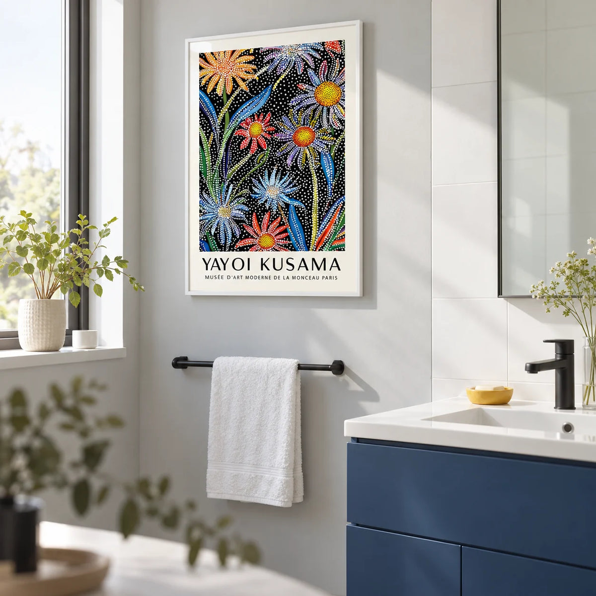 Floral Pop Art, framed on the wall of a contemporary bathroom with a pale grey painted wall
