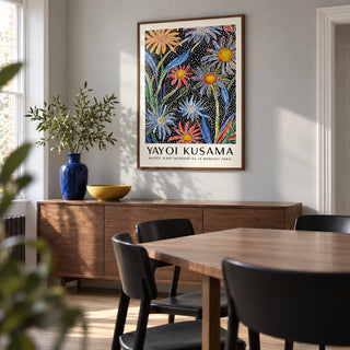 Floral Pop Art, framed on the wall of a crisp modern dining room in a renovated UK terrace with a pale grey wall