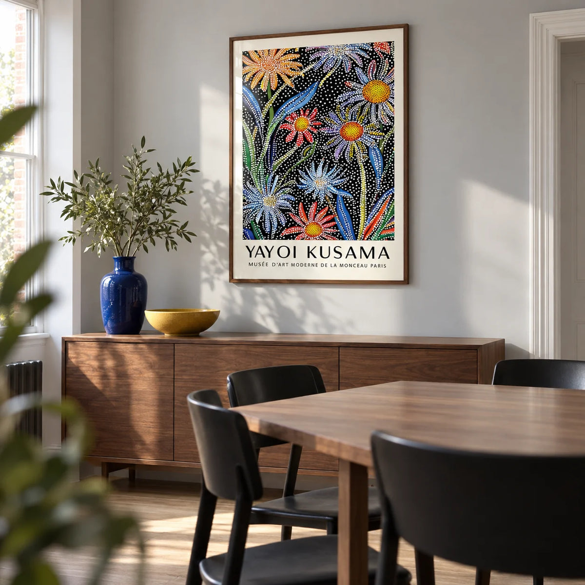 Floral Pop Art, framed on the wall of a crisp modern dining room in a renovated UK terrace with a pale grey wall