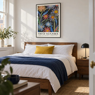 Floral Pop Art, framed on the wall of a modern bedroom in a UK flat with a soft white wall and simple walnut furniture