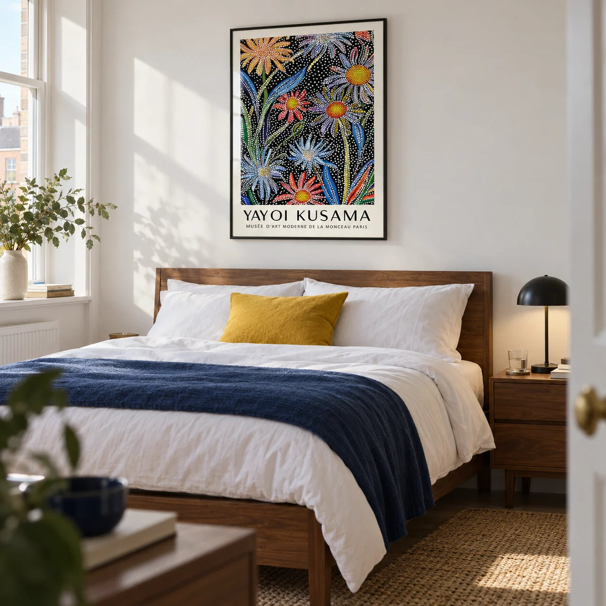 Floral Pop Art, framed on the wall of a modern bedroom in a UK flat with a soft white wall and simple walnut furniture