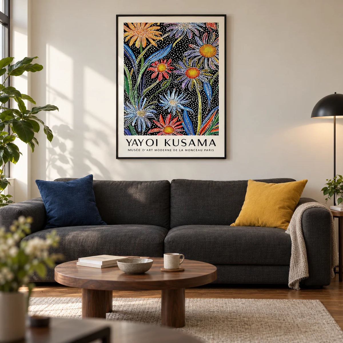 Floral Pop Art, framed on the wall of a modern living room in a UK city flat with a warm white wall