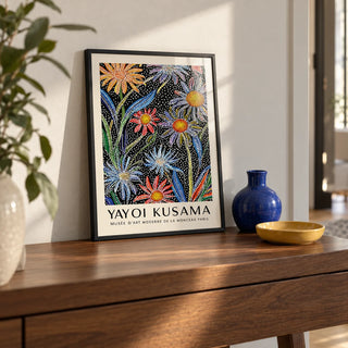 Floral Pop Art, a small A4 framed print leaning on a walnut hallway side table