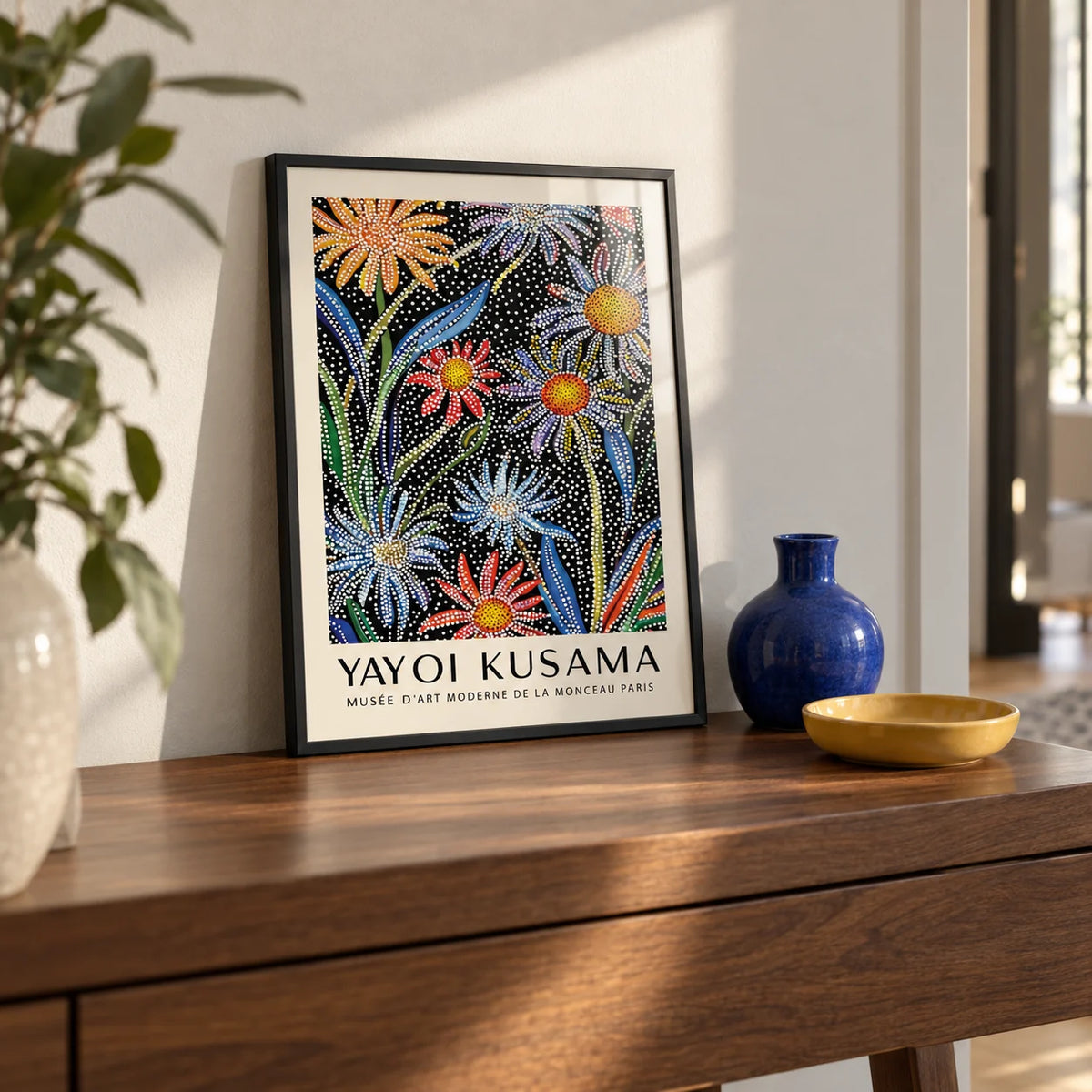 Floral Pop Art, a small A4 framed print leaning on a walnut hallway side table