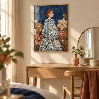 Floral Portrait Art, framed on the wall of a calm dressing area with a warm cream wall