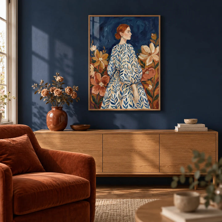 Floral Portrait Art, framed on the wall of a characterful living room with a deep navy painted wall