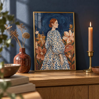Floral Portrait Art, a small A4 framed print leaning on an oak shelf in a living room