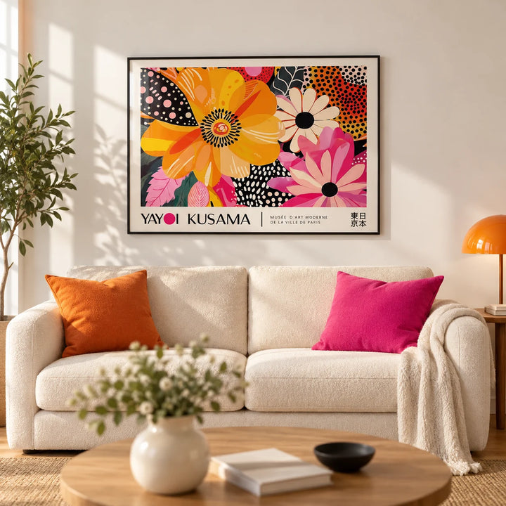 Floral Poster Art, framed on the wall of a bright modern living room with a warm white wall