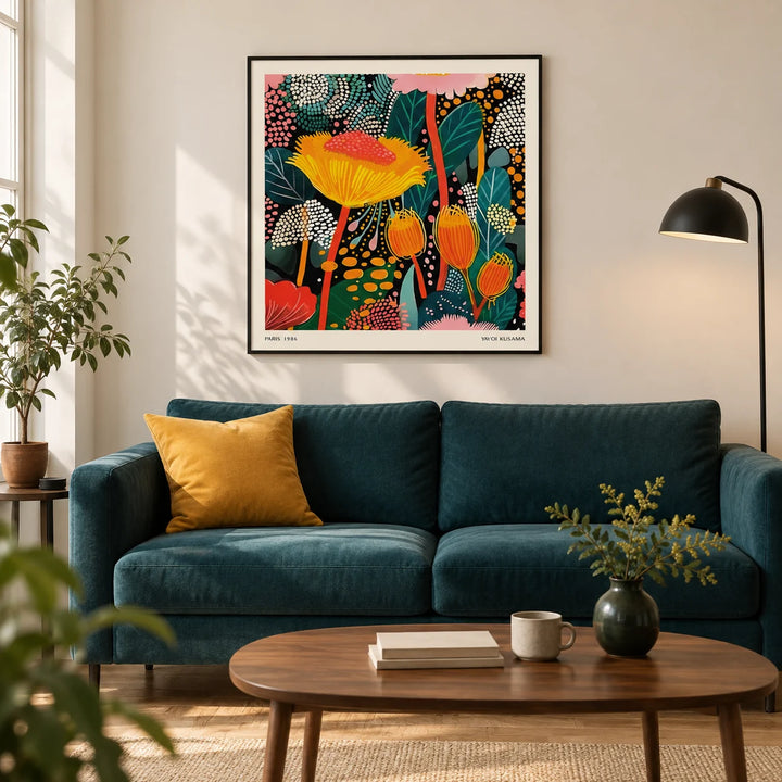 Floral Prints for Framing, framed on the wall of a modern living room in a UK city flat with warm white walls