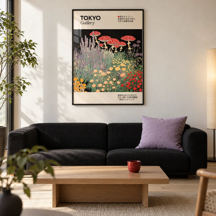 Floral Prints Vintage, framed on the wall of a modern Japanese-inspired city flat living room with a warm white wall and a pale oak floor