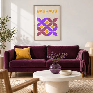 Floral Shape Art, framed on the wall of a design-led living room with a white wall and a pale oak floor
