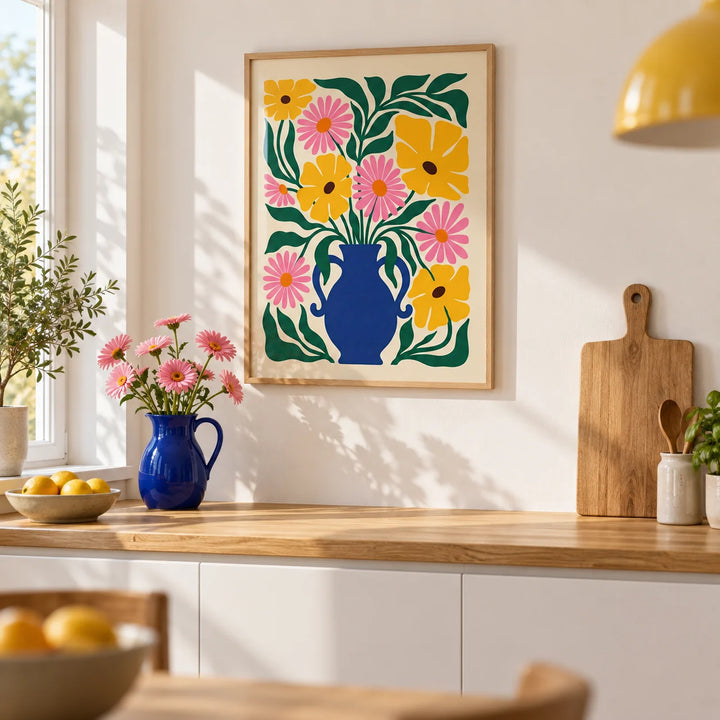 Floral Vase Art Print, framed on the wall of a bright kitchen with plain white cabinets and a white wall