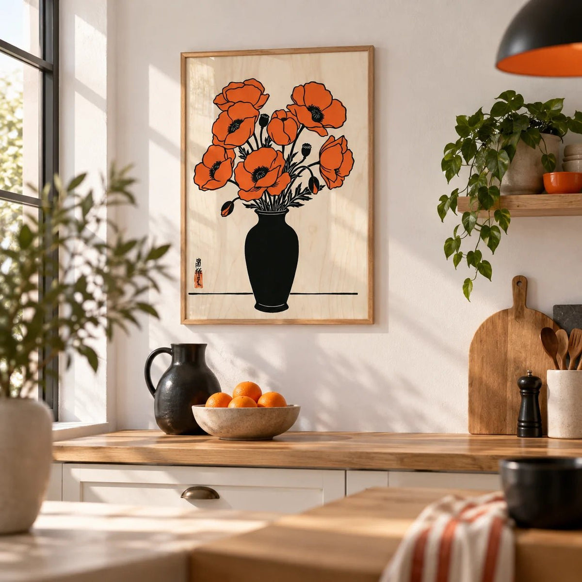 Floral Wall Art Poster, framed on the wall of a bright kitchen