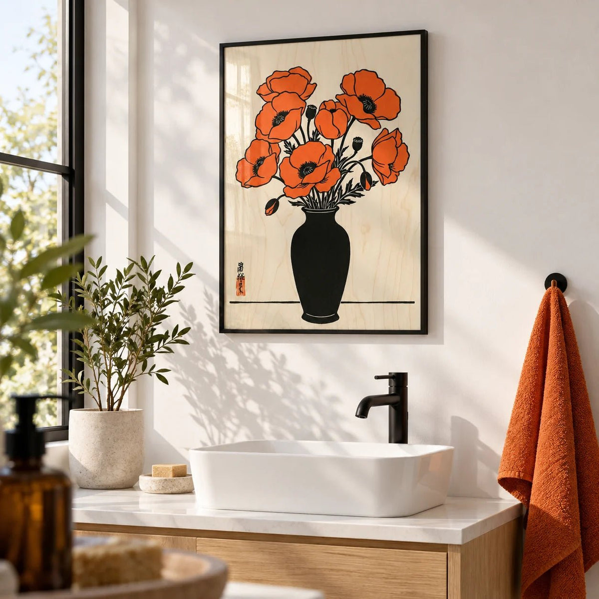 Floral Wall Art Poster, framed on the wall of a bright modern bathroom