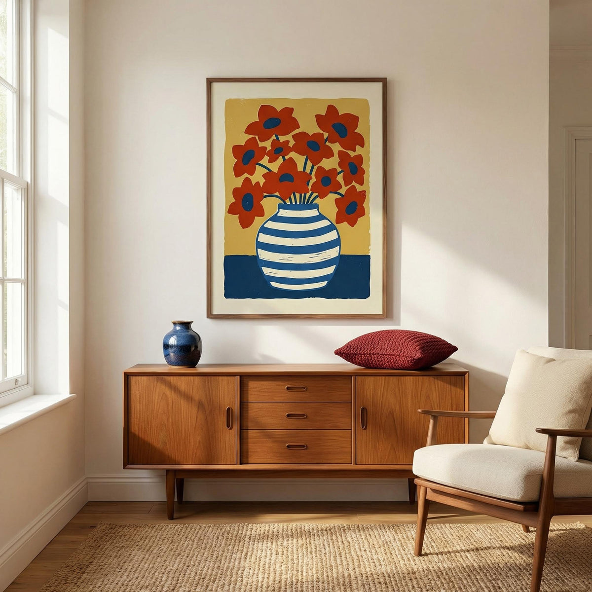 Vase poster framed above a retro wooden sideboard with a ceramic vase and a red cushion