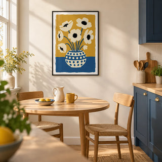 Flower Art Print, framed on the wall of a bright modern kitchen with cream walls