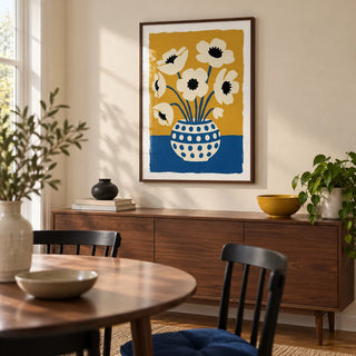 Flower Art Print, framed on the wall of a contemporary dining room in a UK terraced house with a cream wall