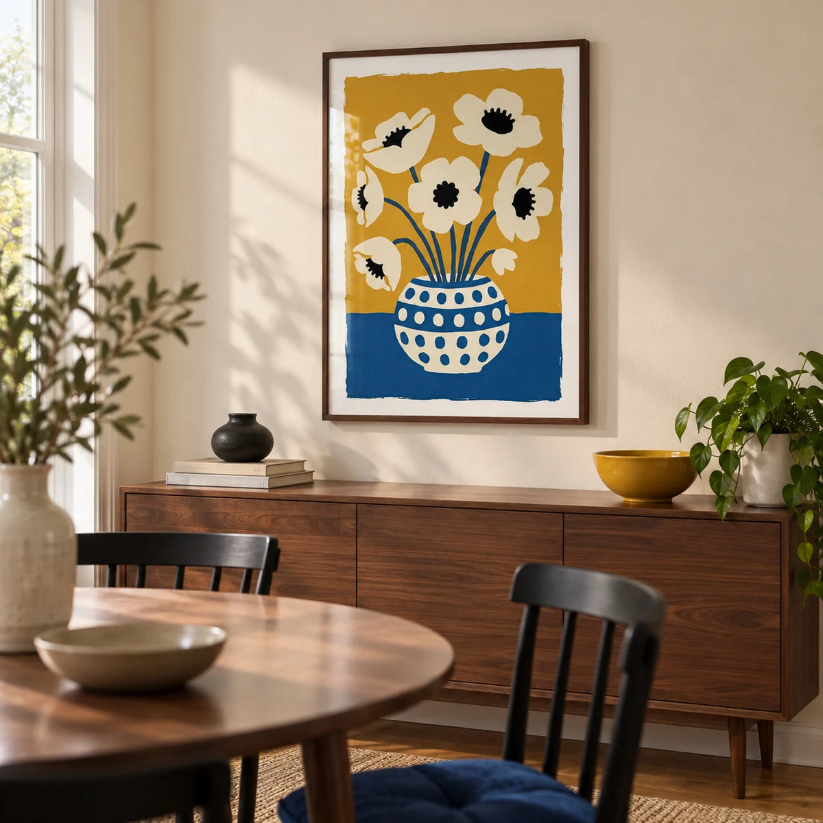 Flower Art Print, framed on the wall of a contemporary dining room in a UK terraced house with a cream wall