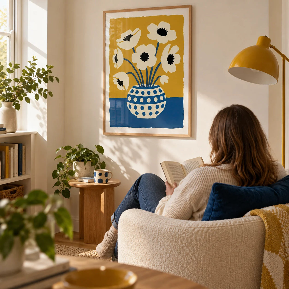 Flower Art Print, framed on the wall of a design-led reading corner in a UK first home with a warm white wall in a living room