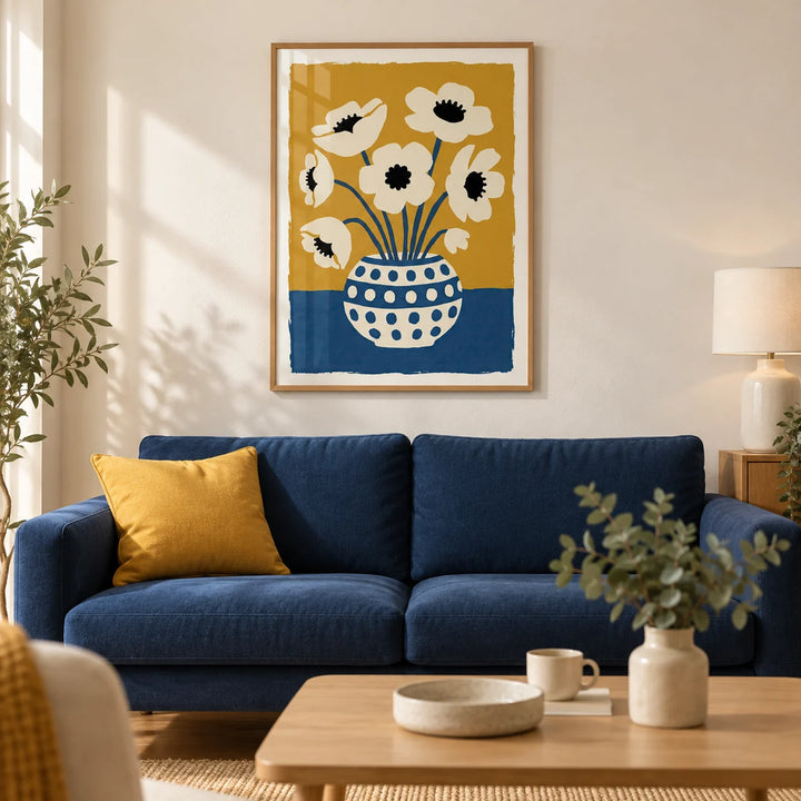 Flower Art Print, framed on the wall of a modern living room in a UK city flat with warm white walls and oak flooring
