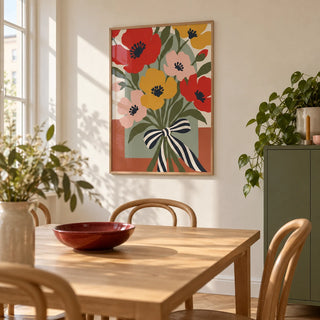 Flower Bouquet Print, framed on the wall of a bright modern dining room in a first flat (25-35) with warm white walls